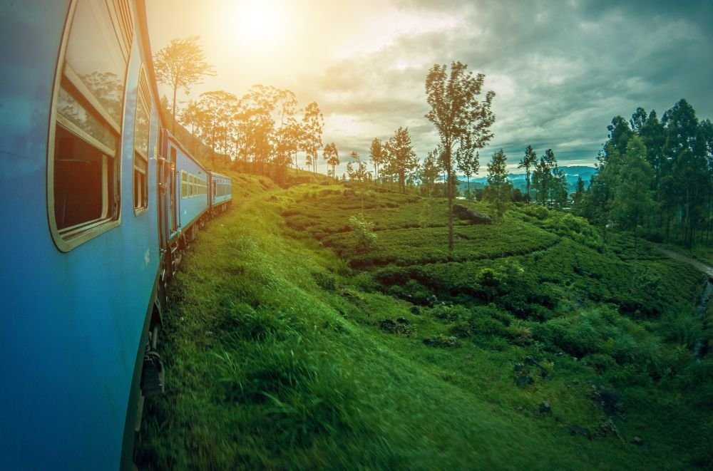 Train in Sri Lanka with a sunset.